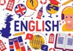 British english language learning class vector illustration. Brittish flag logo, England, dictionary, Big Ben, girls cartoon character in earphones, english language exchange program infographics.
